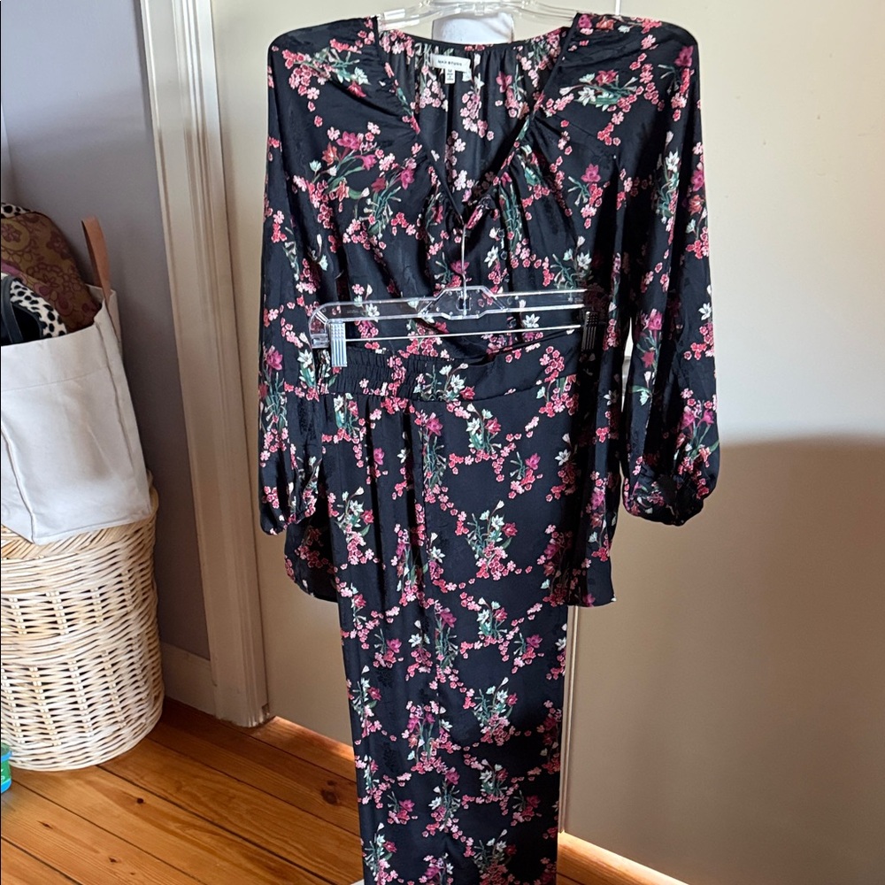 Max Studio Black Floral Pantsuit with Pink & Green Accents